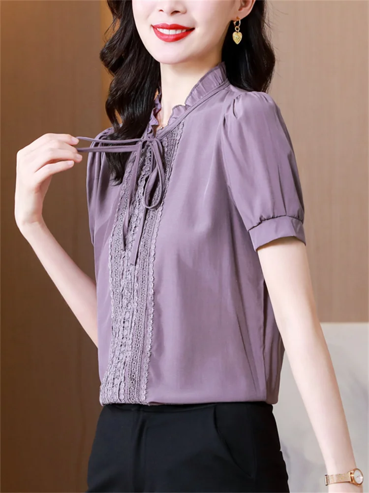 Ruffled Lacing Shirt for Lady, Monochrome Chic Blouse, Elegant and Fashionable, Half Sleeve, Office Wear, Summer and Autumn 2022