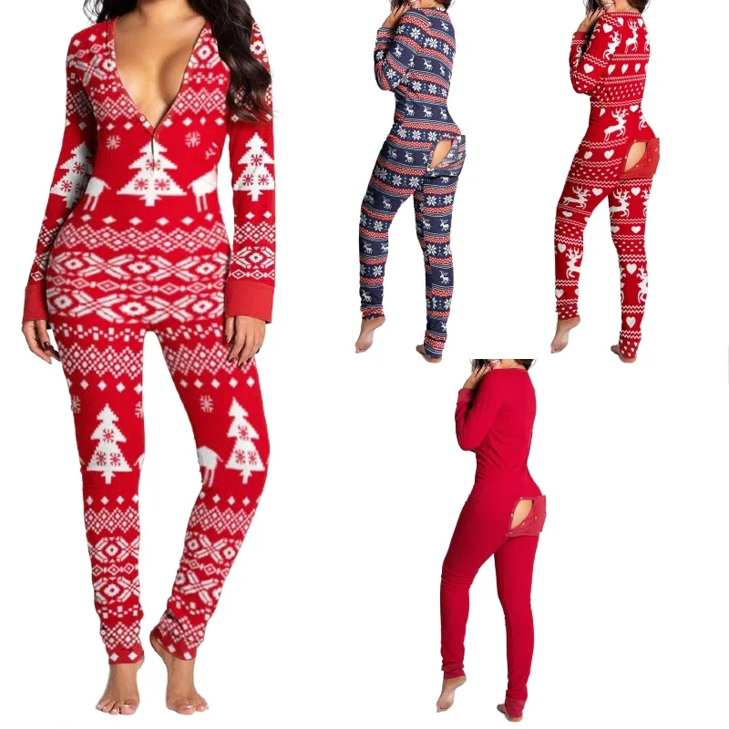 

Рождественская сексуальная пижама, женский комбинезон на пуговицах спереди и сзади, комбинезон с открытым задницей и клапаном, одежда для дома, одежда для сна с рождественским принтом