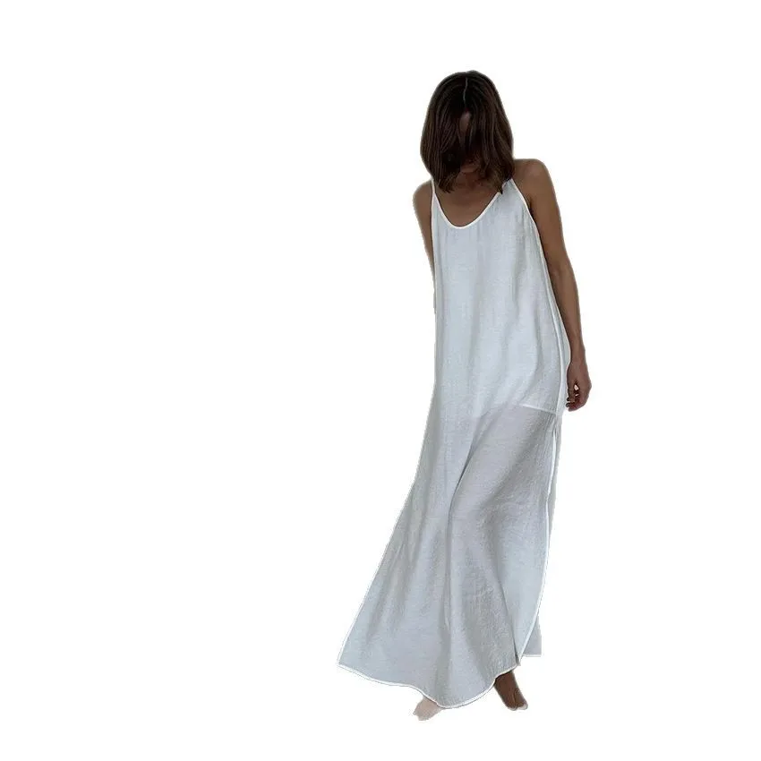 Casual Loose White Long Dress Robe 2025 New Summer V Neck Dresses For Women Spring Sleeveless Straight Robes Nightgown - Image 5