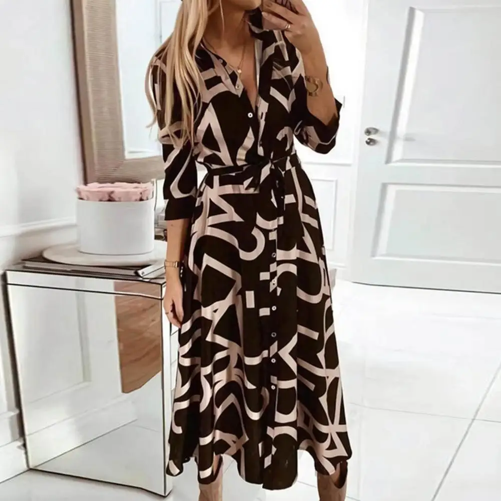 Spring Fall Women Dress Matching Lapel Loose Hem Lace Up Tight Waist Long Sleeve Buttons Printed Mid-calf Length Midi Dress