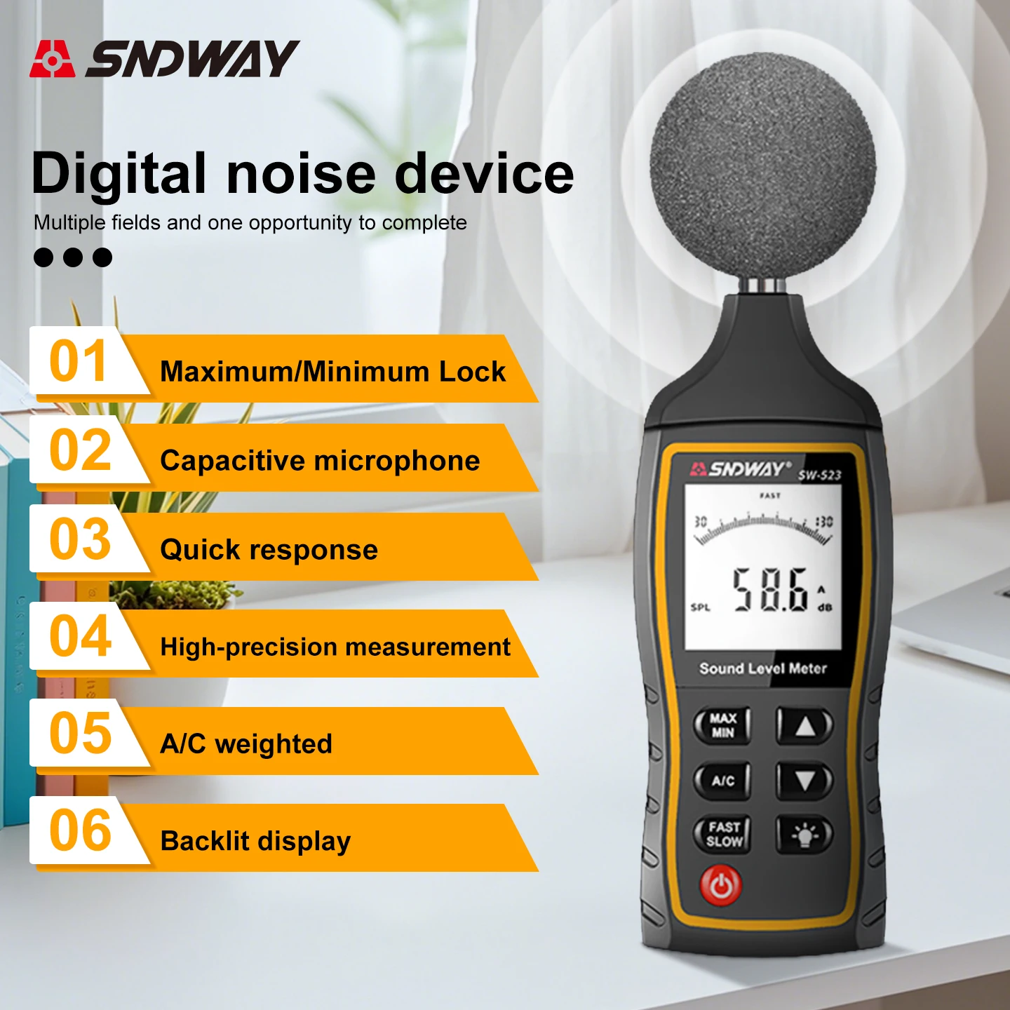 SNDWAY Digital Sound Level Meter 30-130dB High Precision Decibel Tester for Indoor Outdoor Noise Testing