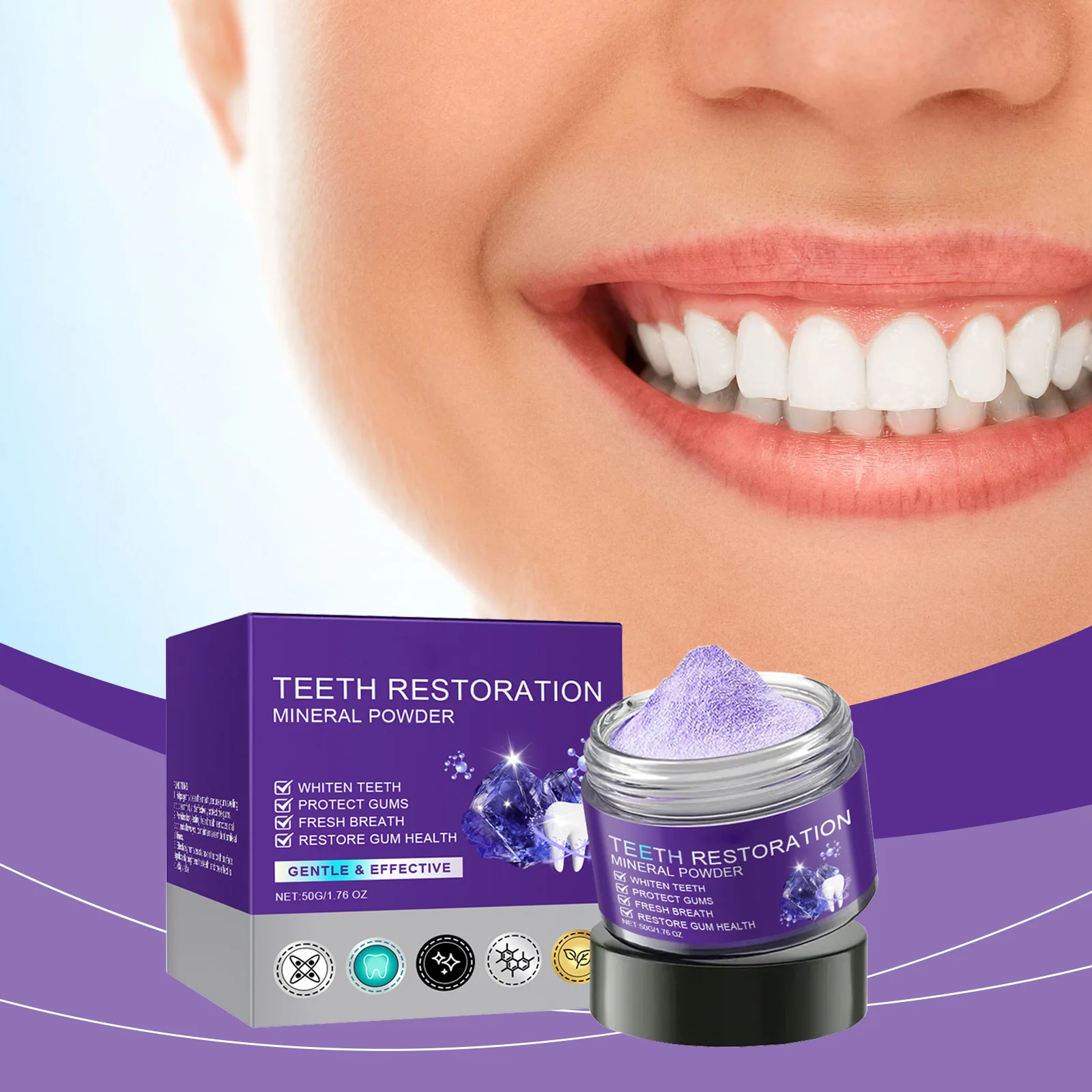 Teeth Restoration Mineral Powder Whitening Gum Protection Fresh Bad Breath Plaque Stain Removal Oral Care Purple Tooth Powder