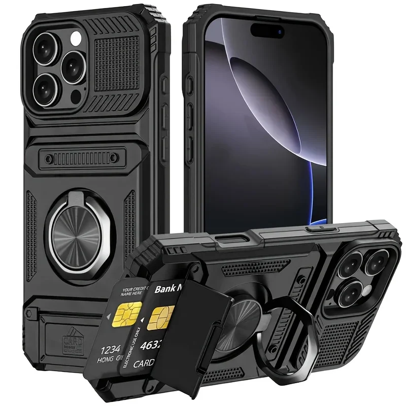 Ring Magnetic For IPhone Air 7 8 11 Plus 13 14 15 16 17 Pro Max Shockproof Heavy Duty Hard Phone Case with Card Slot Stand