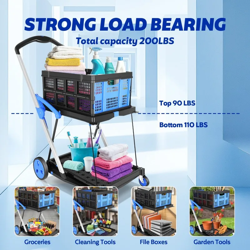 Foldable Trolley 2 Layer Practical Large Capacity Storage Mobile Shopping Trolley Warehouse with Silent Wheels Grocery Trolley