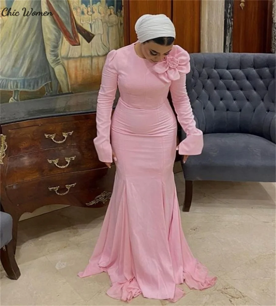 Pink Arabic Mermaid Evening Dress Elegant Long Sleeve Muslim Islamic Dubai Prom Dresses With Flowers Formal Party Customized