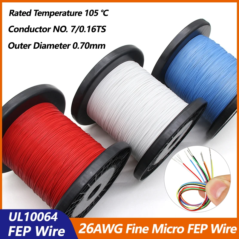 5m - 500m UL10064 FEP Wire 26AWG Ultra Fine Micro Wires PTFE Plastic Solder High Conductivity DIY Tinned Copper Electronic Cable