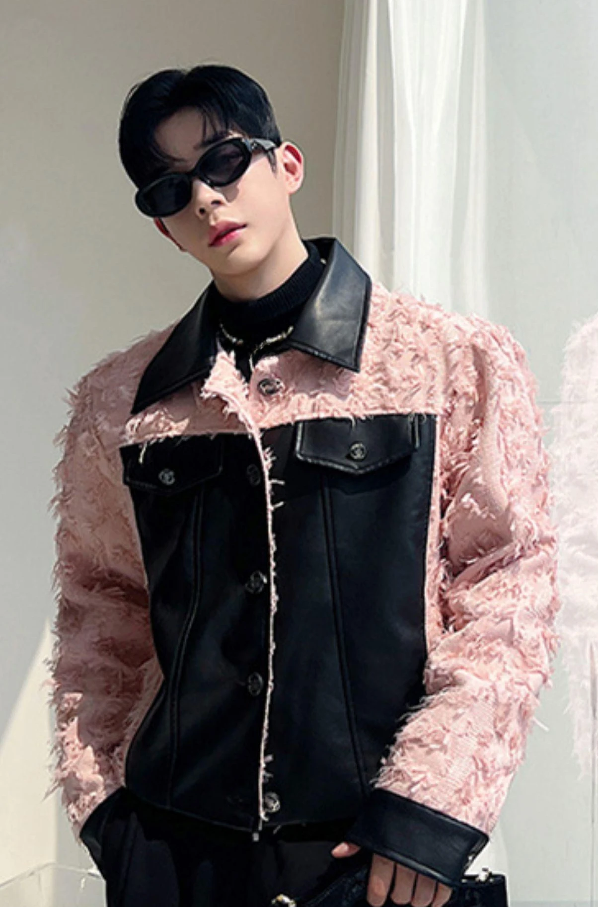 Masculinity Feather Patchwork Leather Design Fashion Jacket Men's High-End Chic Tops Long Sleeve Lapel Jackets Trendy Male Coats