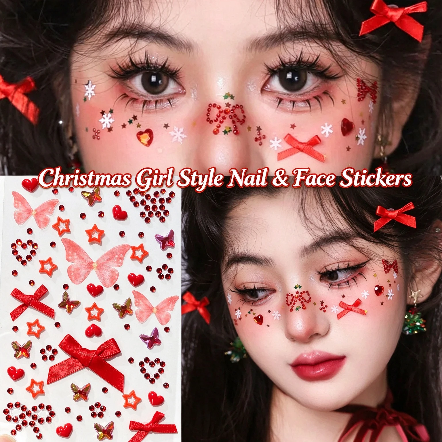 1pc Red Bow Glittery Stereo Gem Stickers Makeup Christmas Holiday Party Y2K Music Festival DIY Eyes Face Jewels Stickers