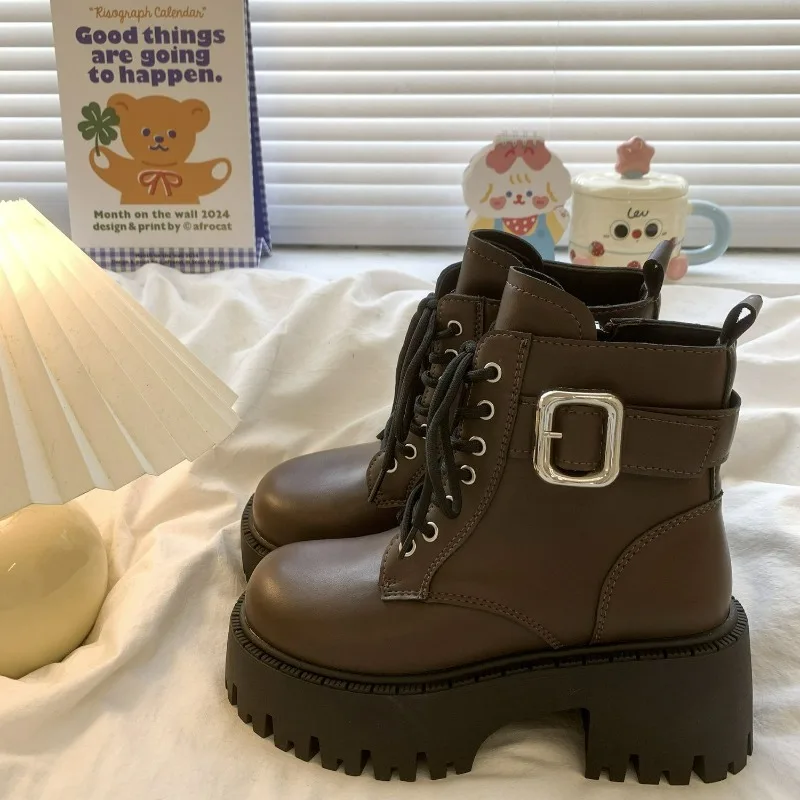 

Women's Platform Ankle Boots Round Head Square Heel Side Zip High-heeled Boot Belt Buckle Fashion Comfortable Brand Single Shoes