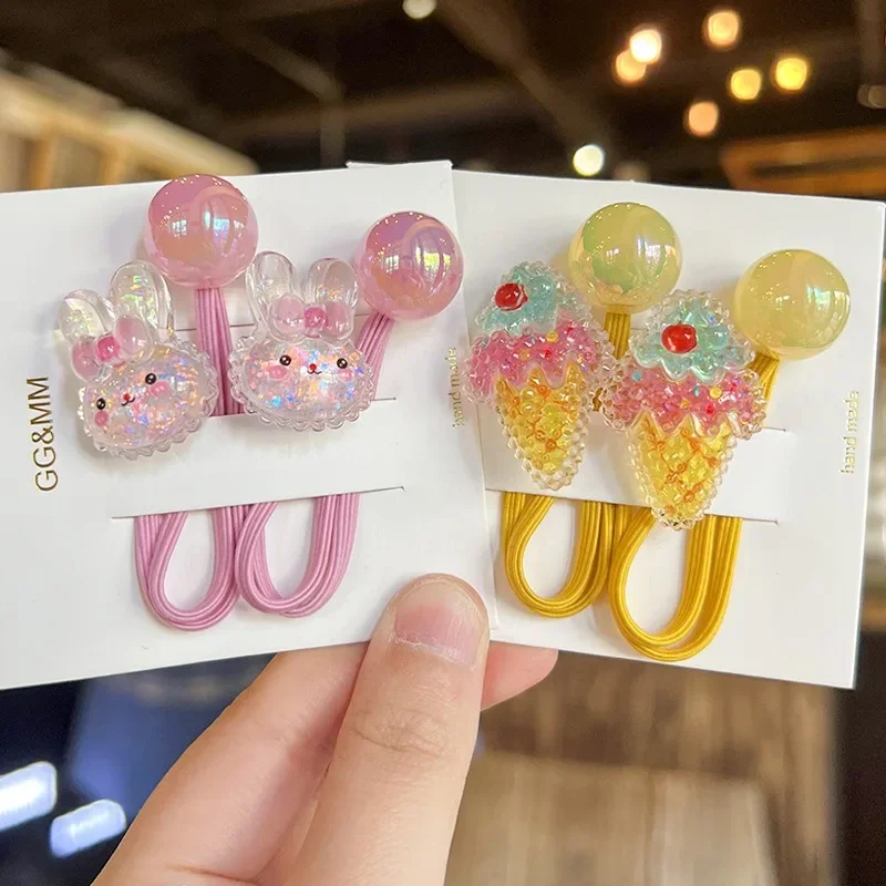 2PCS Lovely Cartoon Strawberry Rabbit Girls Elastic Hair Bands Kids Princess Hair Accessories Children Hair Ties Baby Headwear