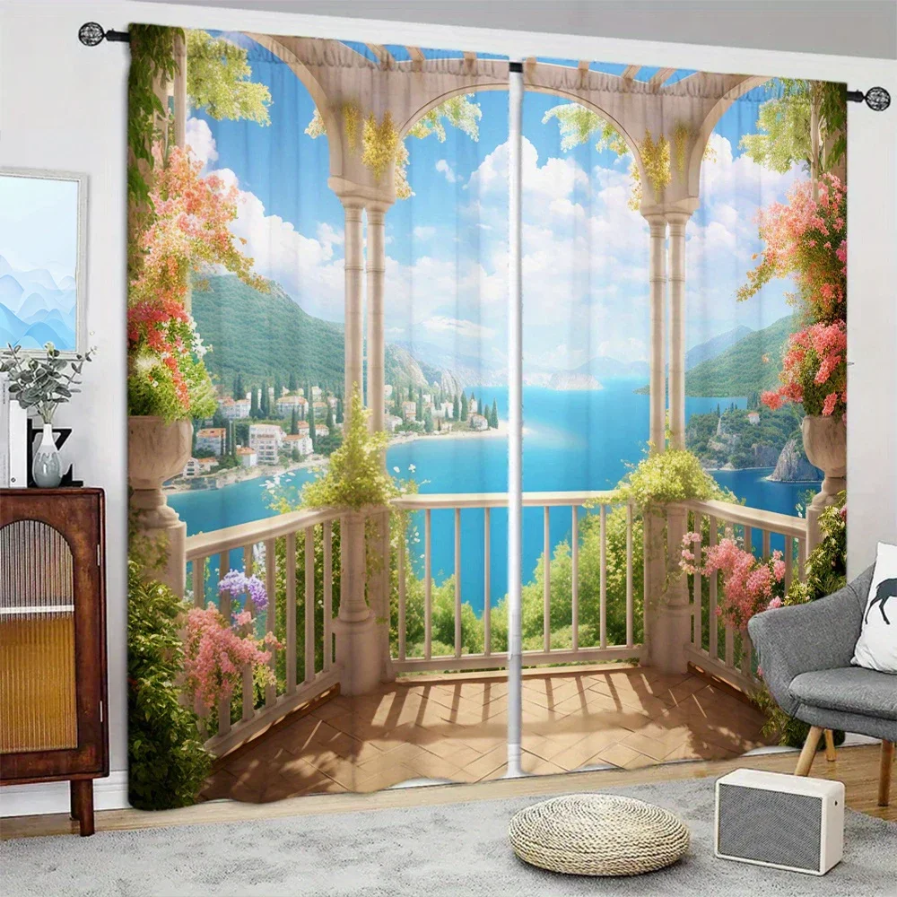 2pcs Balcony Landscape Style Printed Curtain for Home Decor - Rod Pocket Window Treatment for Bedroom,Office,Kitchen,Living Room