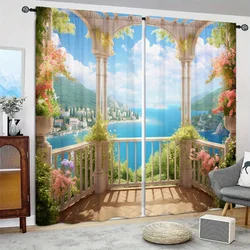 2pcs Balcony Landscape Style Printed Curtain for Home Decor - Rod Pocket Window Treatment for Bedroom,Office,Kitchen,Living Room