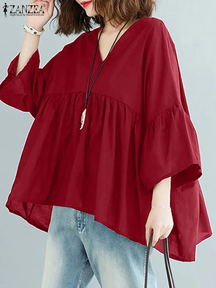 

ZANZEA Women Flare 3/4 Sleeve Tops Pleating V-neck Blouse Shirt 2024 Summer Fashion Solid Color Tunic Holiday Casual Loose Blusa