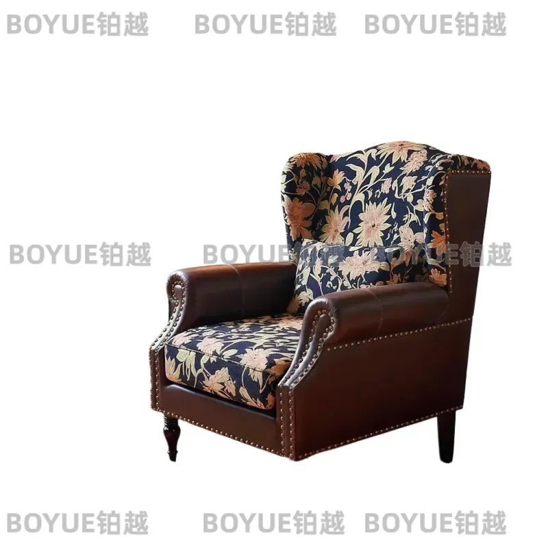 French Retro Floral Tiger Print Armchair Fabric Leather Splice High Back Lounge Chair for Living Room Single Sofa Seat