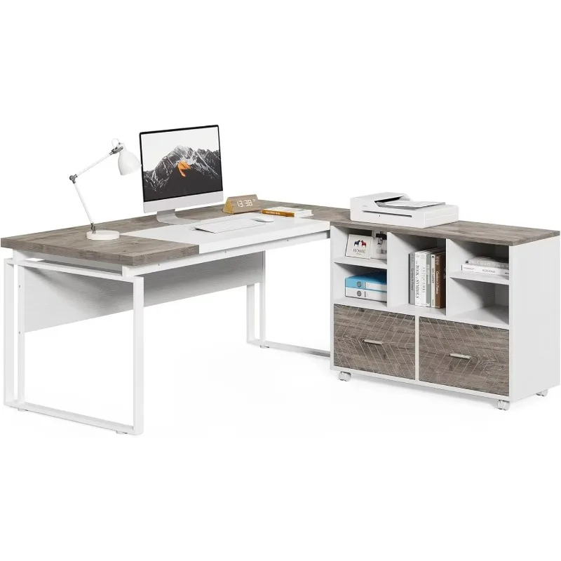 

63" L-Shaped Executive Office Desk with File Cabinet, Large Office Desk with Storage Drawers for Home Office, (Gray & White)