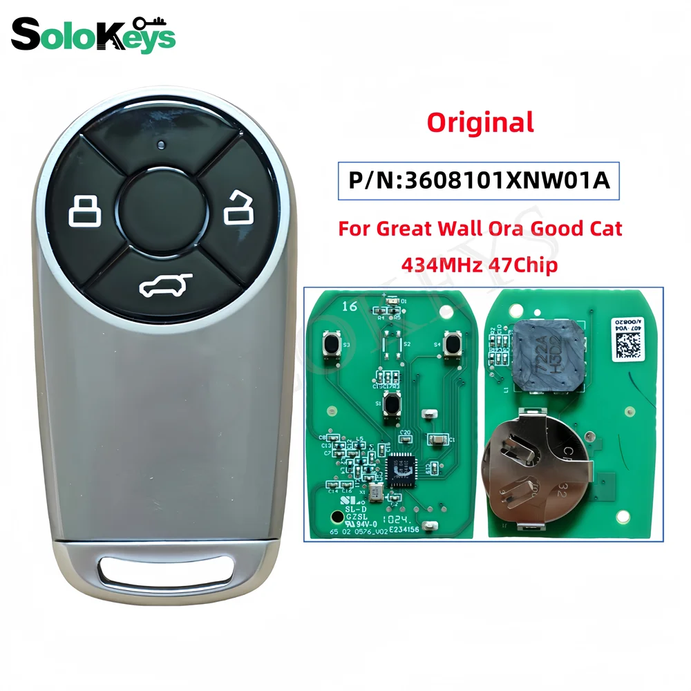 SOLOKEYS P/N: 3608101XNW01A For Great Wall Ora Good Cat Original Smart Remote Control Key 3 Buttons 434MHz 47Chip With LOGO