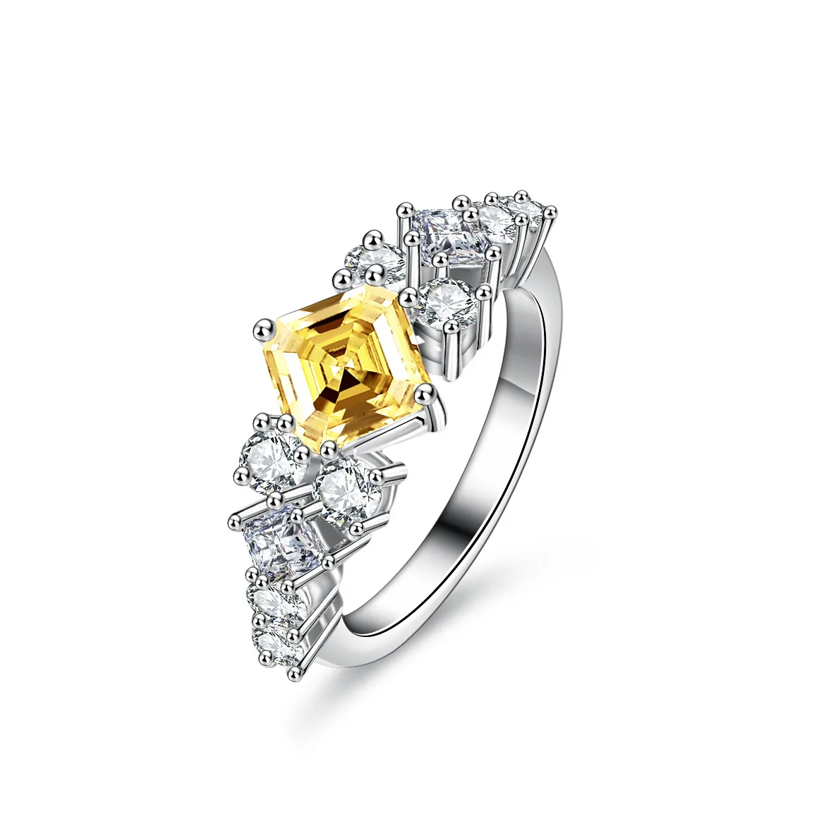 Butterflykiss Luxury 1.0CT Asscher Cut Yellow Moissanite Engagement Ring For Women S925 Sterling Silver Wedding Rings Jewelry