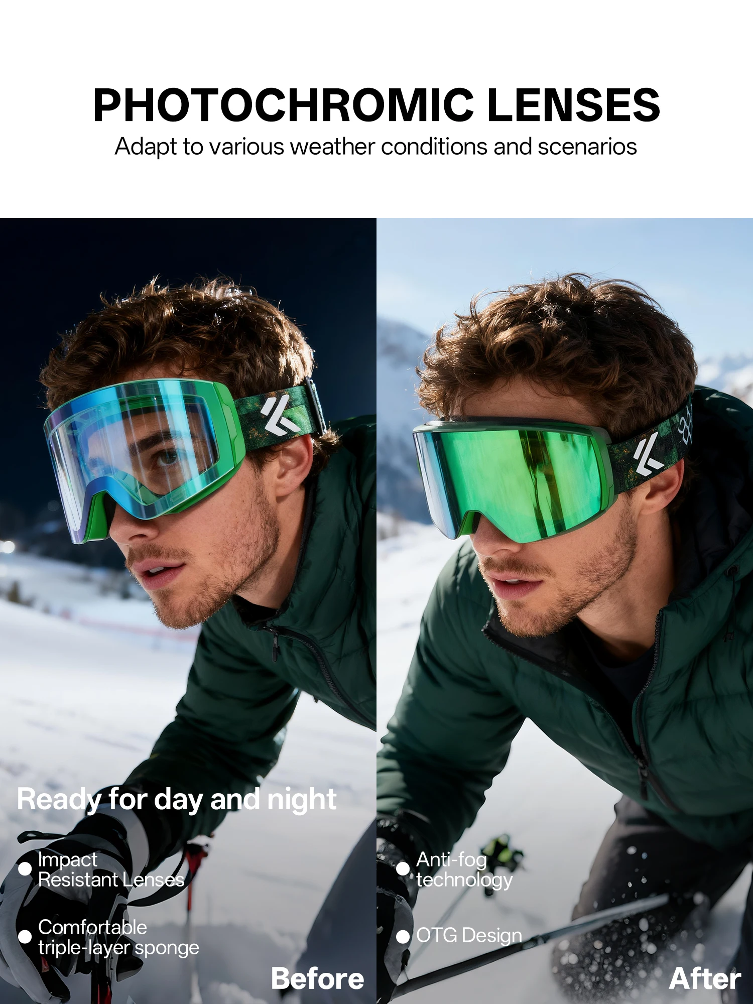 

Kapvoe Photochromic Snow Goggles With Case Ski Magnetic Anti-Fog UV400 Protection Snowmobile Men Goggles Winter Snowbike Eyewear