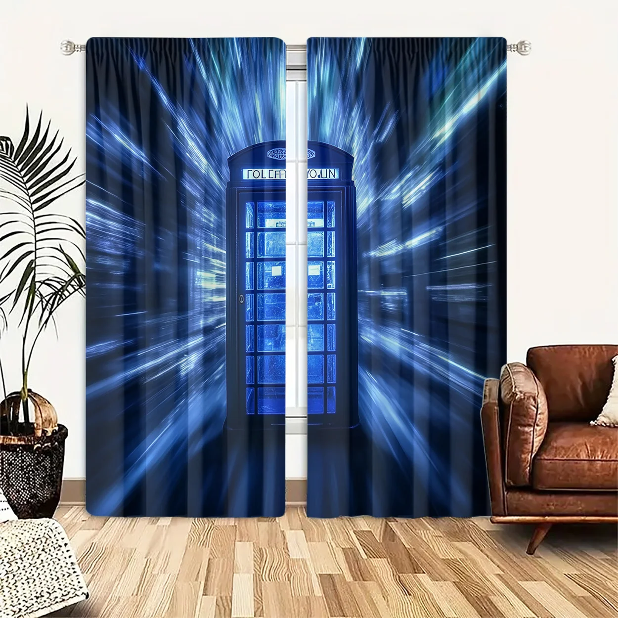 Sci-Fi Tunnel Booth Window Curtain 2 Panels,Retro British Telephone Box Blue Light Burst Space Pattern,Drapes for Living Curtain