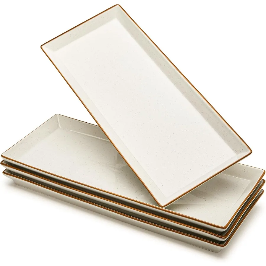 

Rectangular Porcelain Platters in Vanilla White with Brown Trim for Elegant Party Serving 13.8 Inch Large Dish Set Ideal for St
