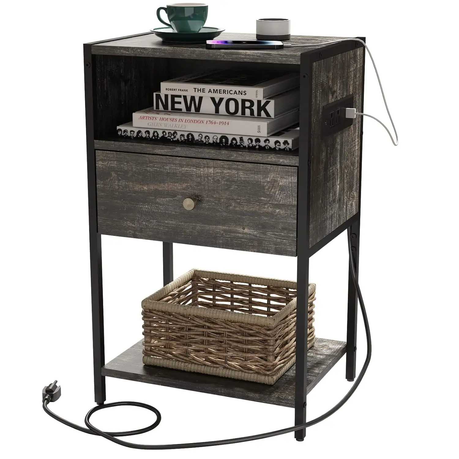 

Nightstand Charging Station Drawer Open Storage Bedroom Retro Grey, Customized