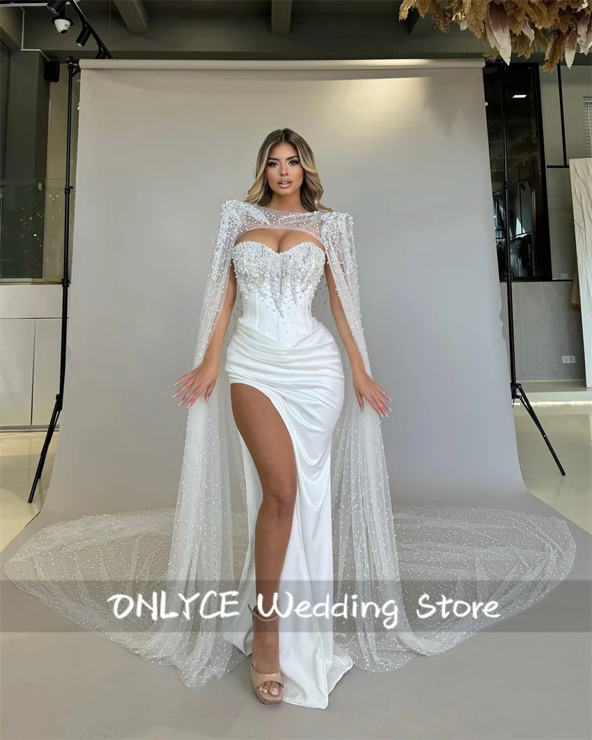 

New Mermaid Wedding Dresses Bead Pearls Crystals Elegant Sweetheart Bridal Gowns Robe De Mariee With Cape Customized