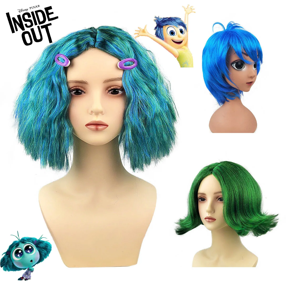 

Disney Inside Out 2 Envy Joy Sadness Disgust Wig Short Blue Curly Heat Hairpiece Masquerade Cosplay Wig Cap with Water Drop Clip