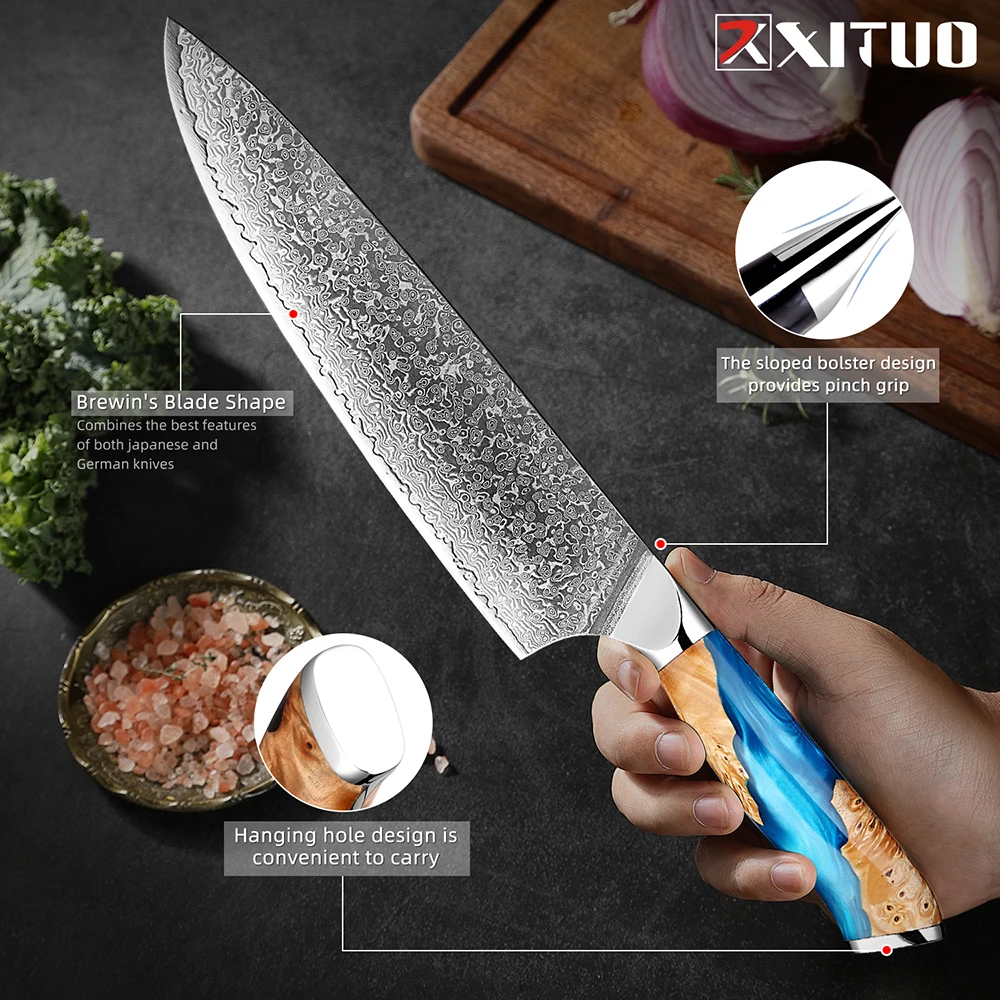 Damascus Chef Knife 8 Inch Forged 67-Layers High Carbon Damascus Steel Knife Ultra-Sharp Pro Kitchen Knives Ergonomic Handle