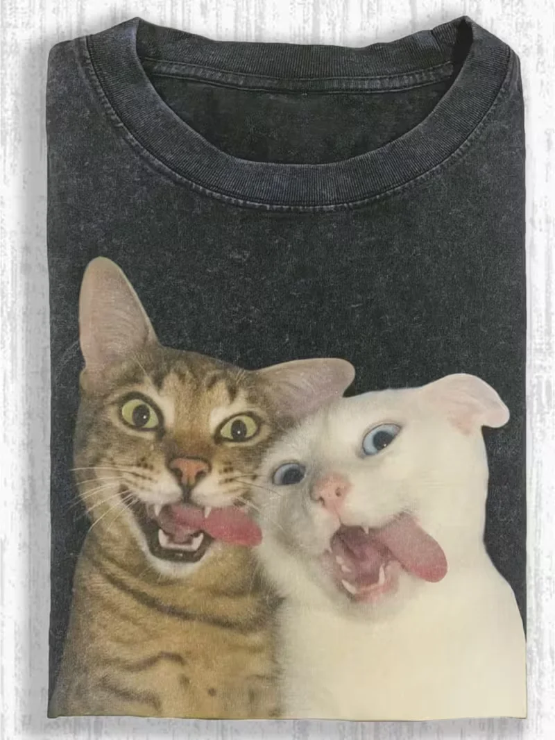 Cool Funny Daily Life Stylish Cat Graphic T-Shirt, Unisex Retro Washed Crew Neck Casual Short Sleeve Daily Streetwear Top