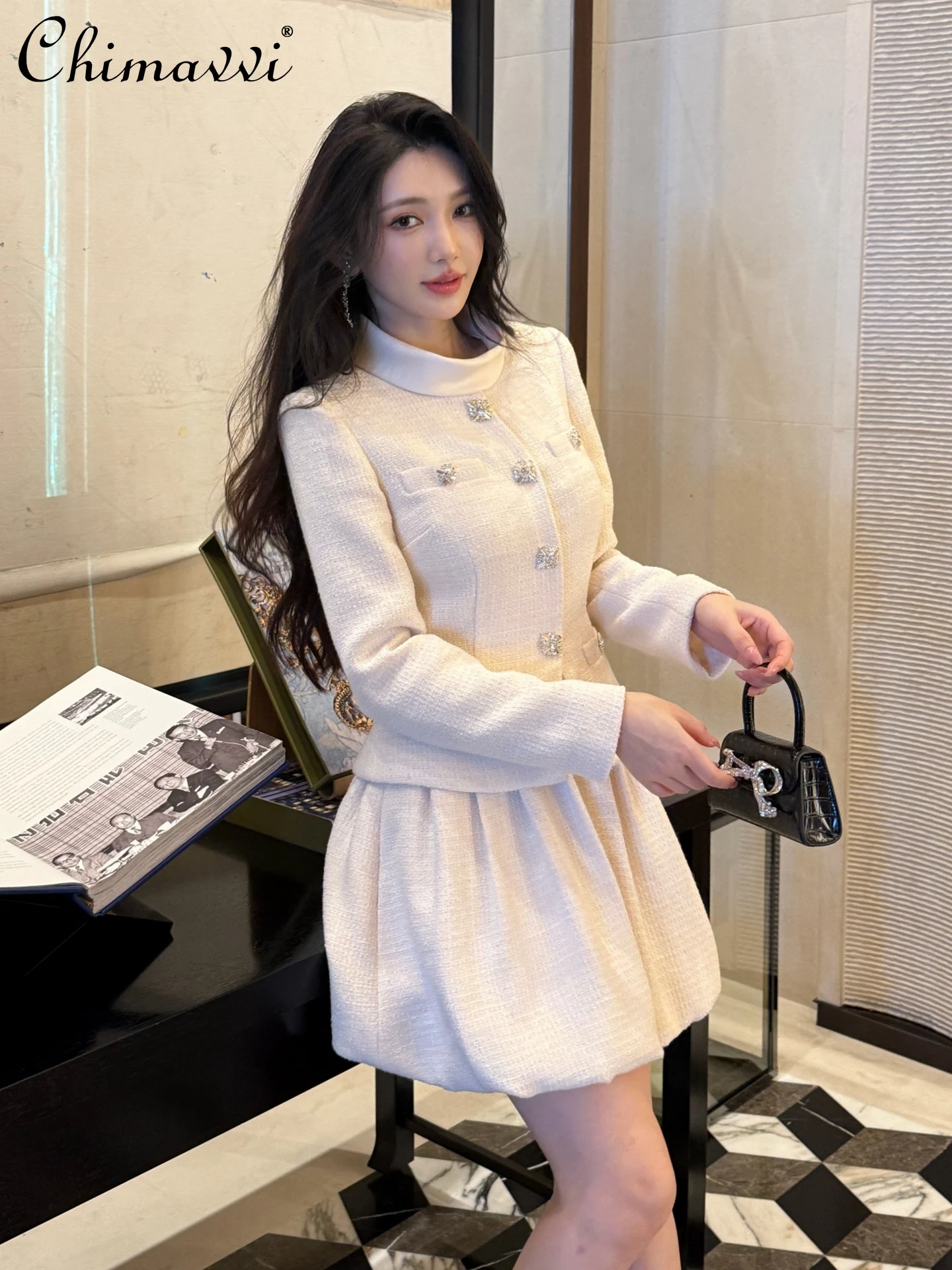 

Autumn Winter New Heavy Fashion Off-White Long Sleeve Stand Collar Dress High-End Slim Elegant Party Women's Puff Short Dress