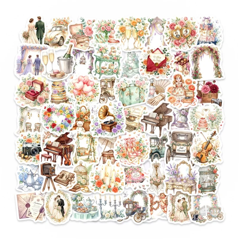 50PCS Retro Wedding PVC Sticker Aesthetic Colored DIY Sticky Decoration Scrapbooking Hand Accounting Stationery Supplies