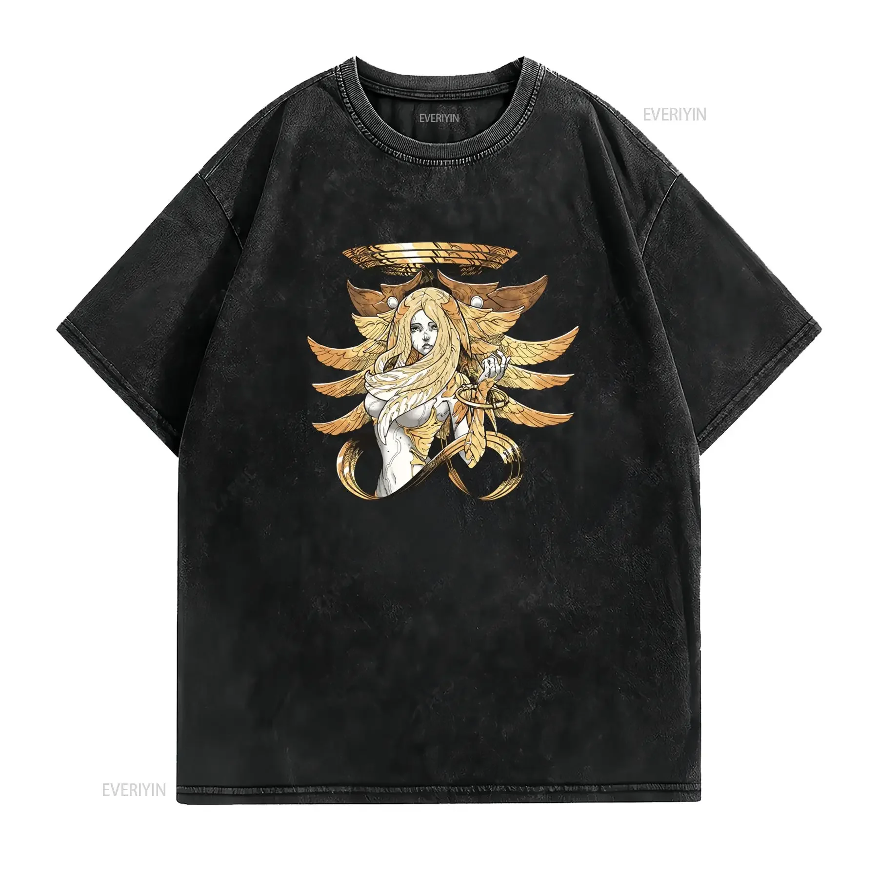 Gothic Dark Fantasy Golden Six Winged Seraph Angel Print Streetwear Casual T Shirt vintage Washed Unisex Stylish Slightly