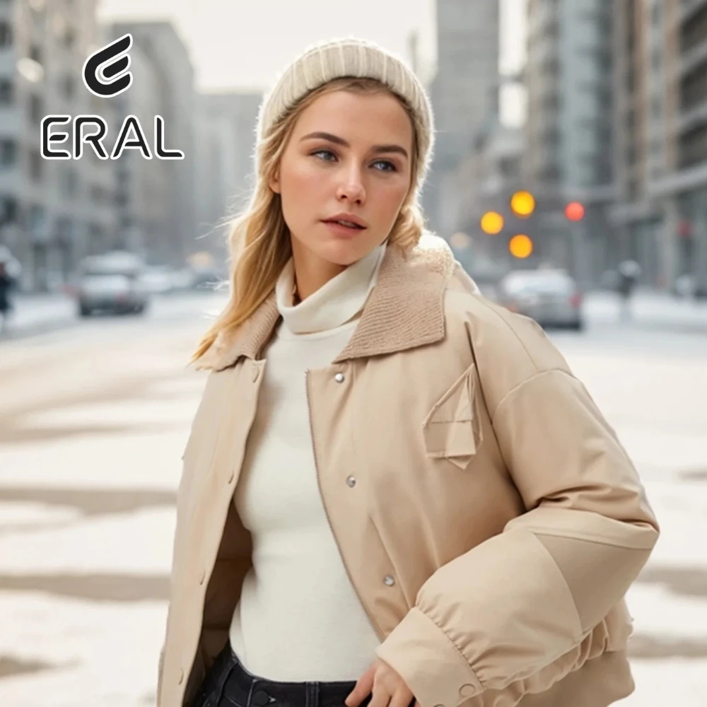 Eral Women's jacket pocket lapel decoration snap button zipper outdoor indoor nylon spandex black beige