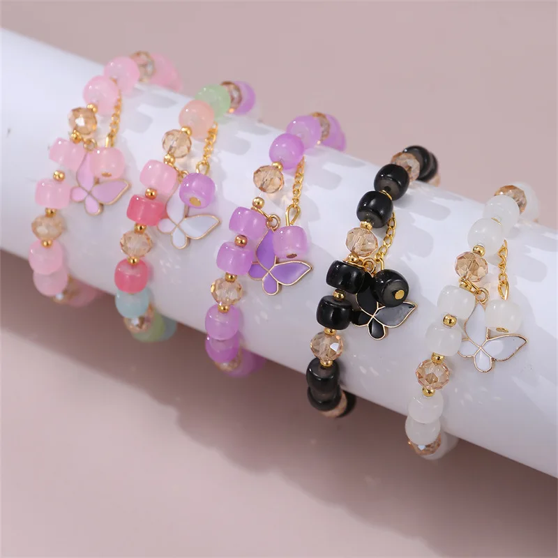 kirykle Summer Fashion Butterfly bracelet for women Charm Crystal Beads Handmade Teenager Girls Jewelry