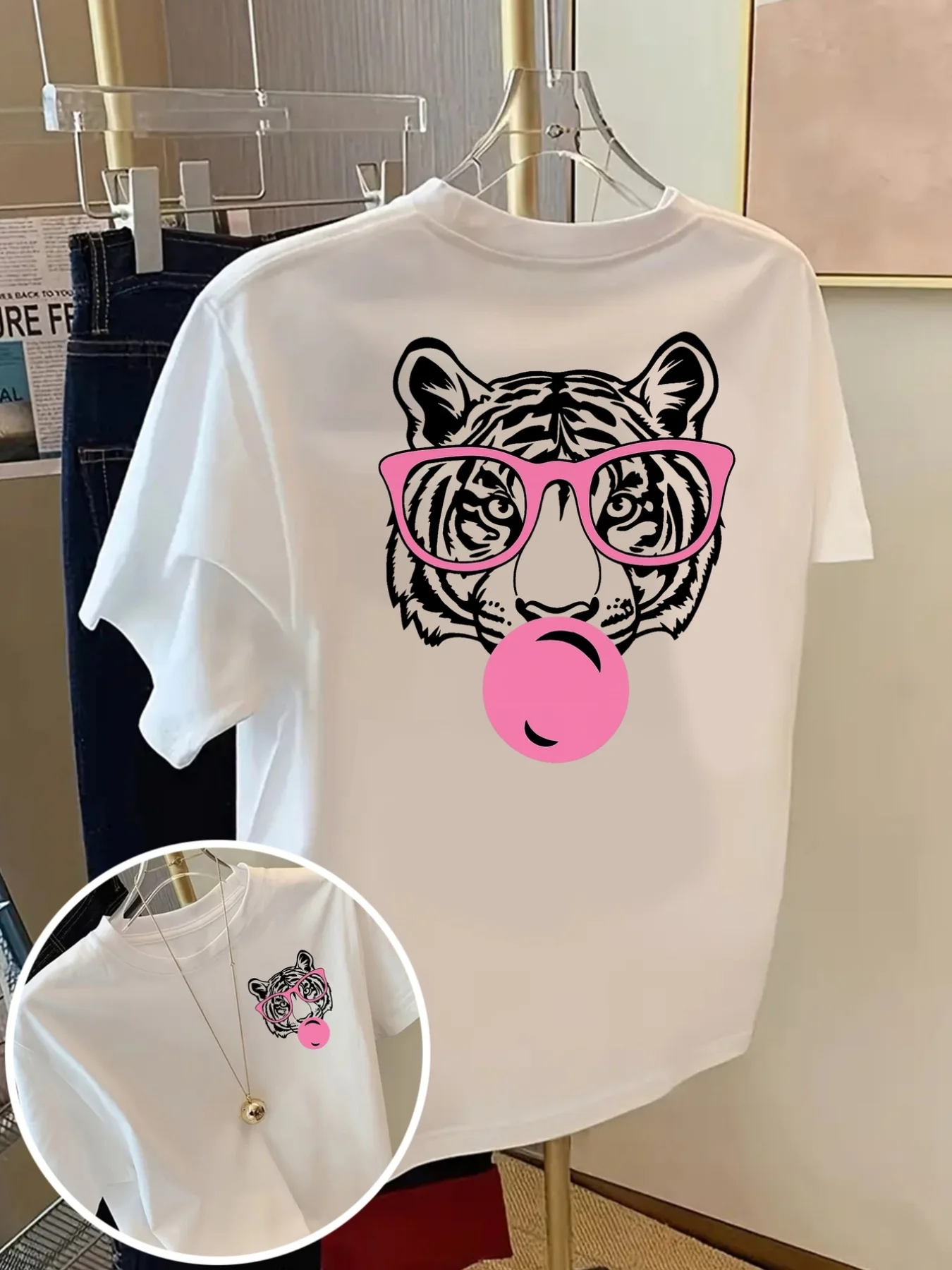 Front and Back Print T-Shirt, Cool Tiger Fashion Glasses Pattern Women's Crew Neck Casual Short Sleeve Top, Comfortable Fit Classic Design Stylish Item Double-Sided Graphic Tee
