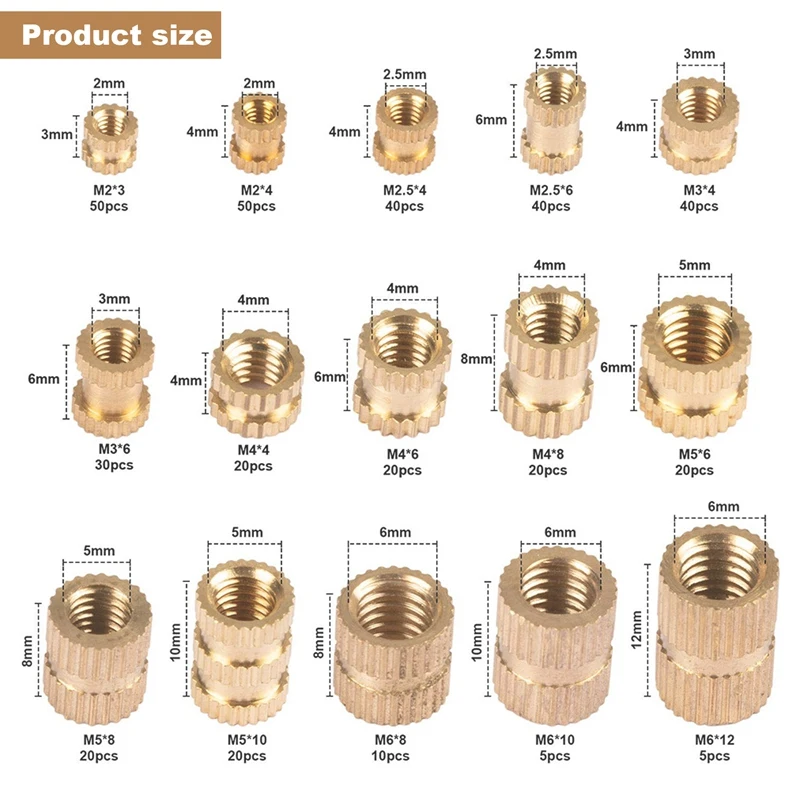 380Pcs Thread Inserts M2 M2.5 M3 M4 M5 M6 Metric Female Thread Brass Knurled Threaded Embedment Nuts Assortment Kit-FS-PHFU