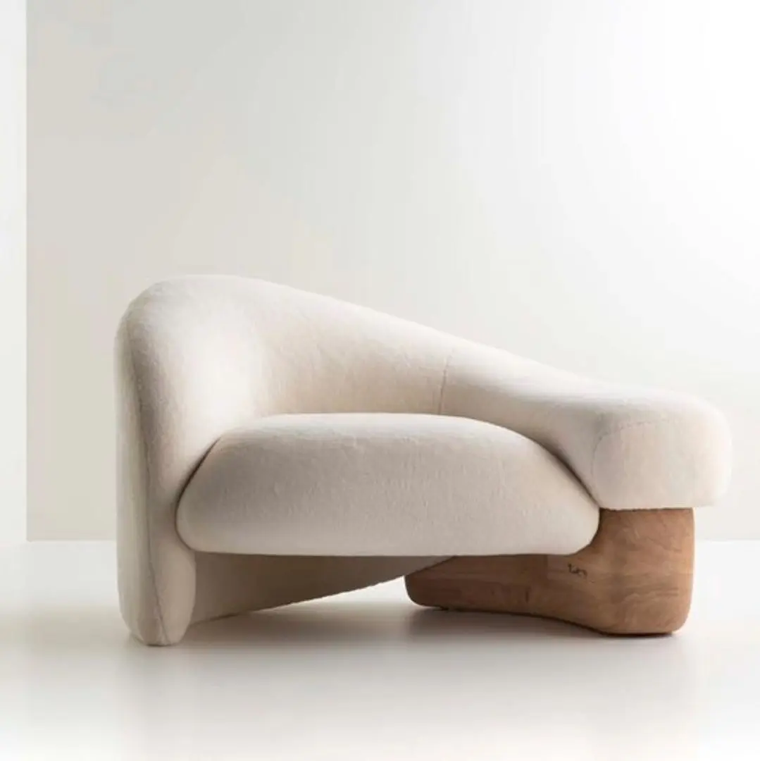 Italienischer Minimalisti Scher Weißer Lammvlies-Einzels Ofa Stuhl Modernes Design Freizeit Sessel Massivholz Füße Für Park Hote