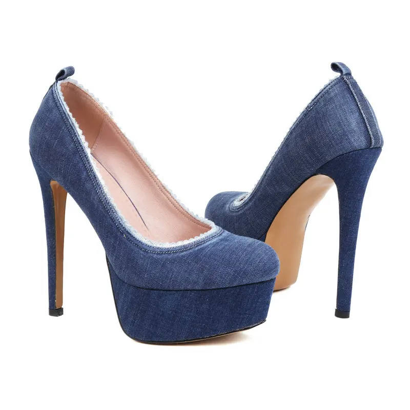 New Denim Jeans Fabric Super Thin High Heels Closed Toe Blue Platform Sexy Lady Office Pumps Size 33-43 Womens Stiletto Shoes