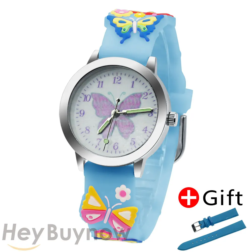 Reloj de silicona con esfera de mariposa rosa y negra para niños, pulsera de silicona que brilla en la oscuridad, reloj deportivo para escuela primaria