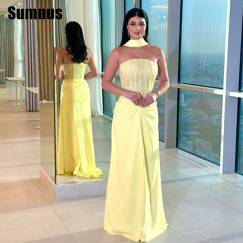 

Sumnus Modern Mermaid Evening Dresses Yellow Strapless Beading Pleats Formal Dresses Gala فساتين سهرة Customized