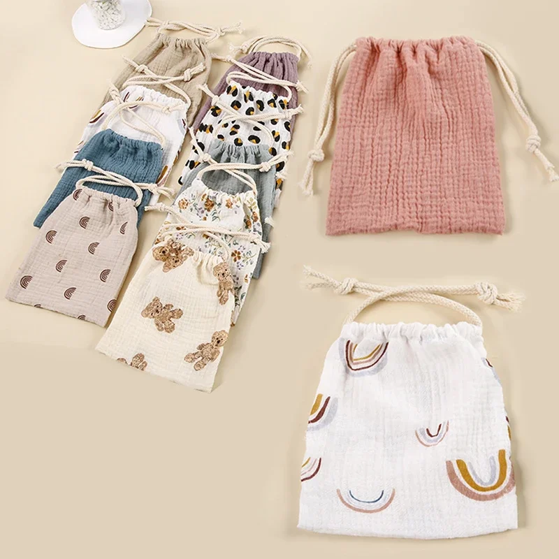 Natural Cotton Mommy Storage Bags Outdoor Baby Diaper Carrier Cute Sunshine Rainbow Printing Drawstring Pouches 27x25cm