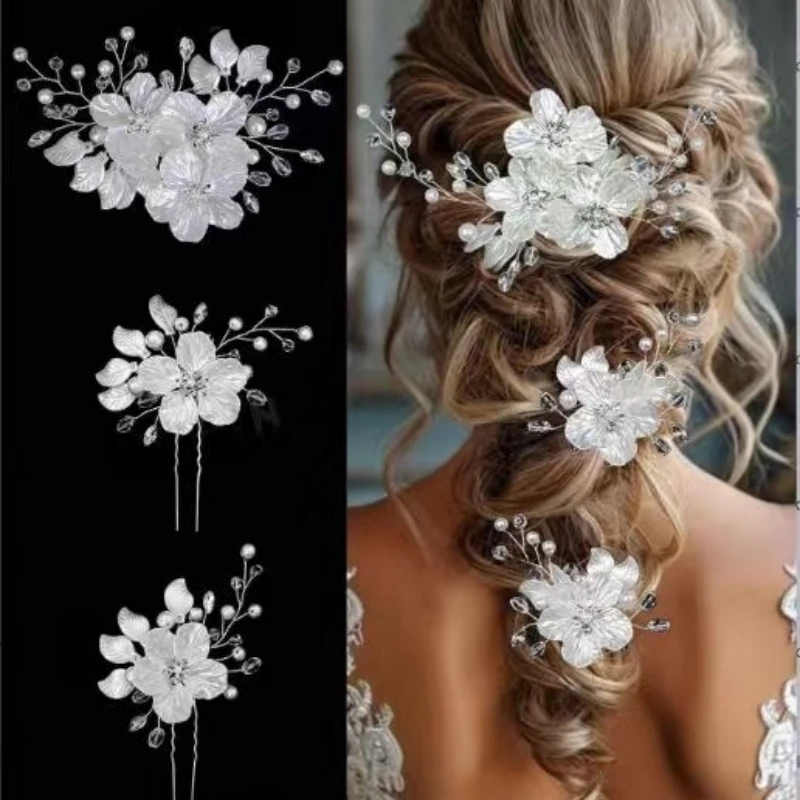 3PCS Handmade Fashion Pearl Hair Clip Hairpin Crystal Flower Hairpin Bridal Wedding Hair Accessories Jewelry Hair Clip Hairpin