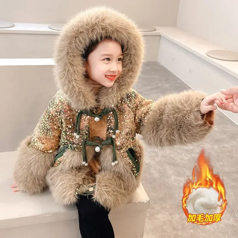 Winter Warm Jackets New Year Cotton Coats Cute Girls Jackets Baby Plus Velvet Thick  Kids Hooded Outerwear Children Shiny Coat