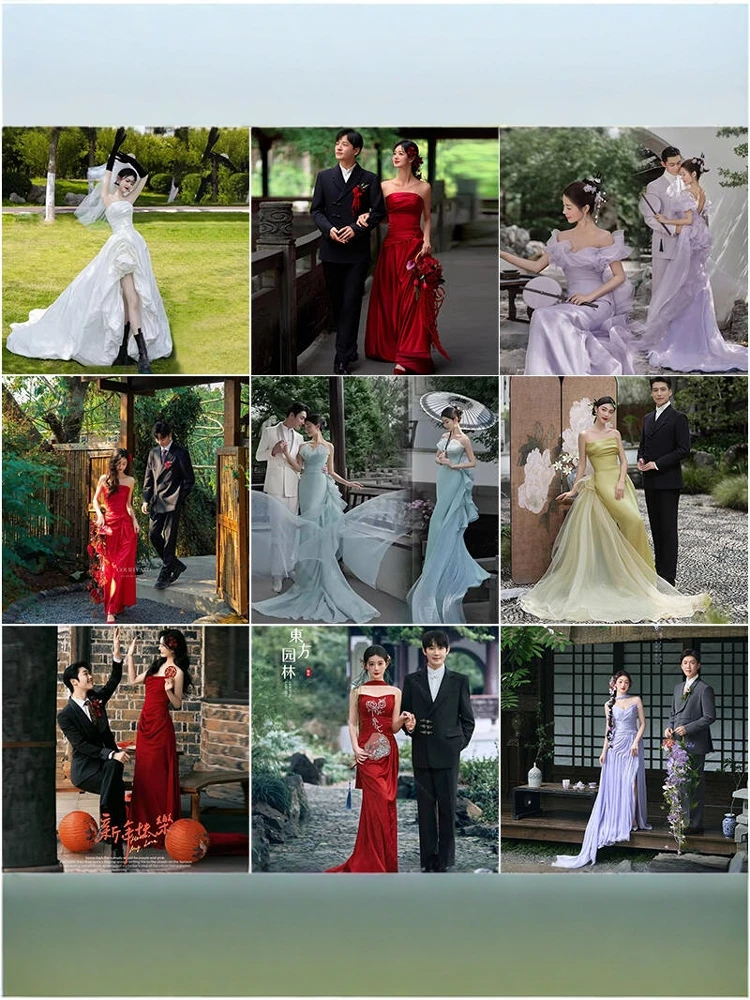 

Light Wedding Dress Silk Chinese Garden Style Traditional Costume Couple Photography Outfit Watercolor Painting Theme