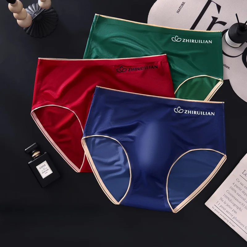 Men Ice Silk Seamless Briefs High Elastic Waistband 3D U Convex Pouch Contrast Trim Mid Waist Breathable Male Underwear