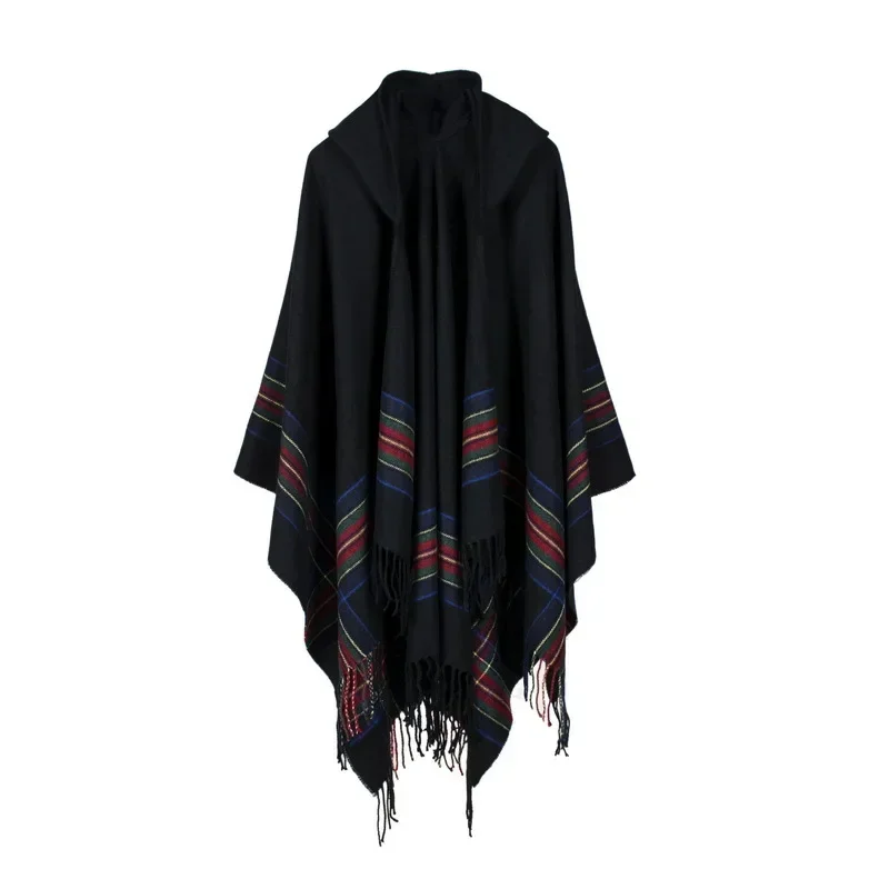 Autumn Winter Women Imitation Cashmere Jacquard Shawl Can Wear Warm Lengthened Fashionable Hooded Cloak Ponchos Capes Black