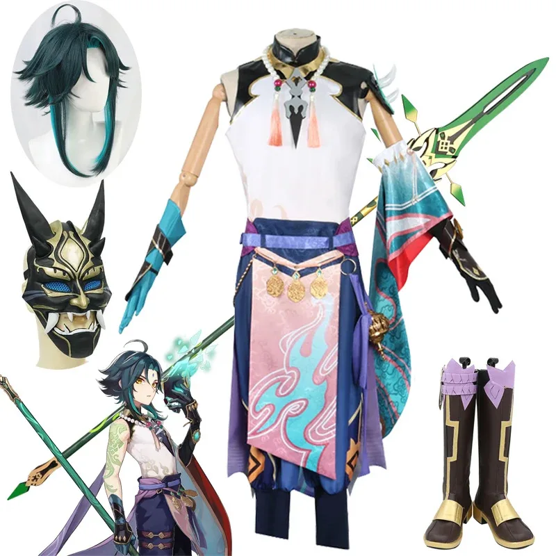 

Game Genshin Impact Xiao Cosplay Costumes Wig Mask Role Play Props Weapon Spear Halloween Carnival Party Clothes Boots Shoes Man