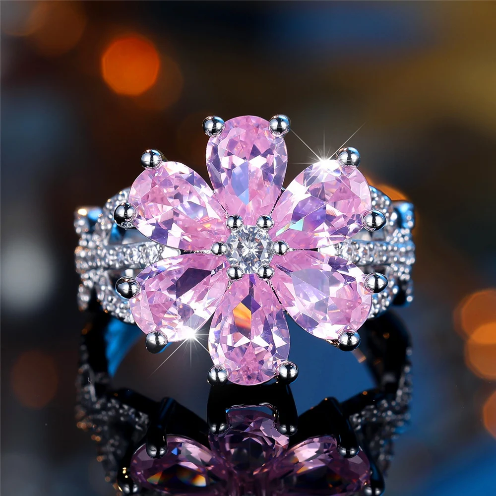 Trendy Pink Zircon Crystal Flower Vintage Silver Color Wedding Bands Engagement Rings For Women Men Minimalist Jewelry