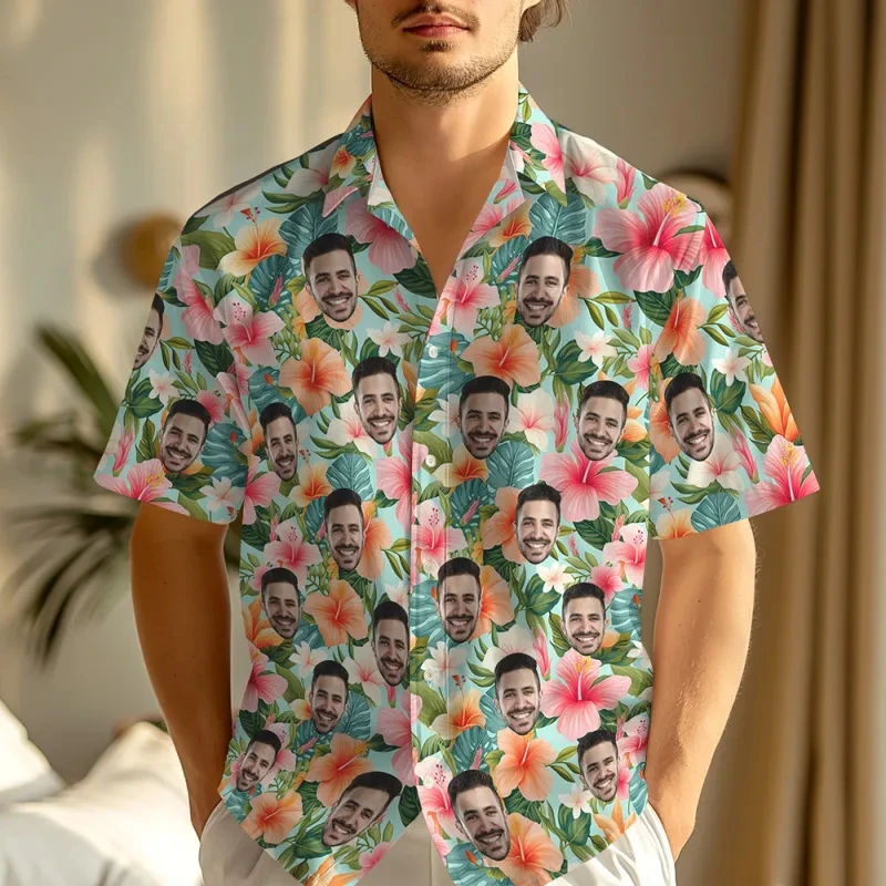 

Summer Vacation Custom Diy Face Hawaiian Shirt Tropical Beach Print Personalized Photo Button Up Hawaii Shirts Casual Unisex Top