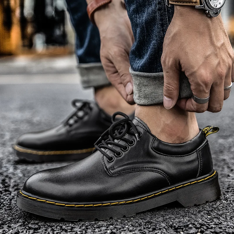 

High top boots for men, British style workwear motorcycle boots, summer black side zipper, mid rise soft leather boots for men